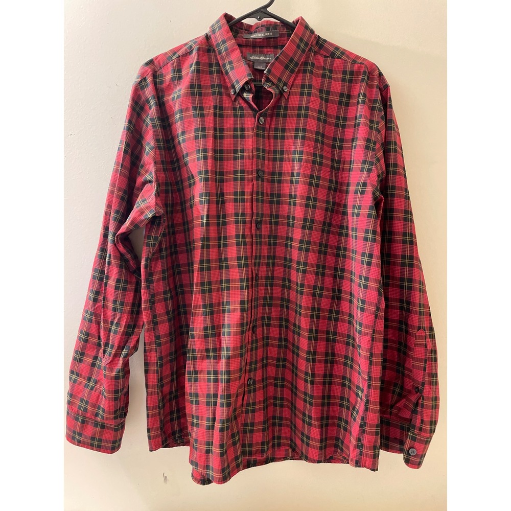 Eddie Bauer Mens Large  Red Plaid Long‎ Sleeve Button Down Shirt Active